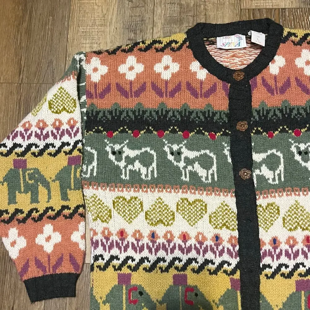 Vtg Via Spina Knit Cardigan Sweater L Wool Blend Cottagecore Grandma Farm Whimsy